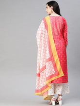 Women Crepe Pink Ethnic Motifs Printed Straight Kurta Trousers And Dupatta Set